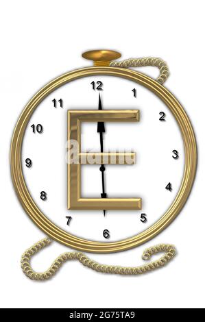 Alphabet letter E, is from the alphabet set 'Pocket watch'.  Watch has the letter sitting on face of gold, timepiece.  Letter is gold and background i Stock Photo