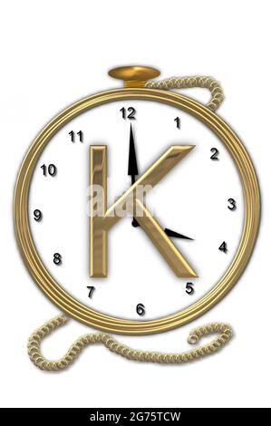 Alphabet letter K, is from the alphabet set 'Pocket watch'.  Watch has the letter sitting on face of gold, timepiece.  Letter is gold and background i Stock Photo