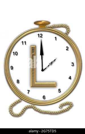 Alphabet letter L, is from the alphabet set 'Pocket watch'.  Watch has the letter sitting on face of gold, timepiece.  Letter is gold and background i Stock Photo