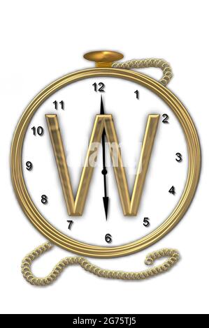 Alphabet letter W, is from the alphabet set 'Pocket watch'.  Watch has the letter sitting on face of gold, timepiece.  Letter is gold and background i Stock Photo