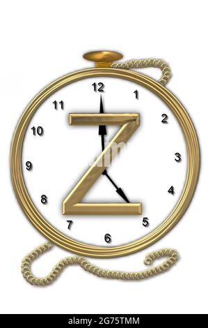 Alphabet letter Z, is from the alphabet set 'Pocket watch'.  Watch has the letter sitting on face of gold, timepiece.  Letter is gold and background i Stock Photo