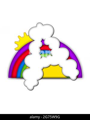 The letter A, in the alphaet set Rainbow, is shaped like a fluffy cloud.  Colorful rainbow backs letter with yellow sun peaping from behind. Stock Photo