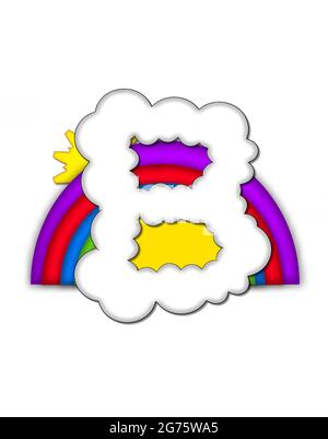 The letter B, in the alphaet set Rainbow, is shaped like a fluffy cloud.  Colorful rainbow backs letter with yellow sun peaping from behind. Stock Photo