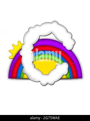 The letter C, in the alphaet set Rainbow, is shaped like a fluffy cloud.  Colorful rainbow backs letter with yellow sun peaping from behind. Stock Photo