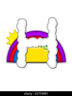 The letter H, in the alphaet set Rainbow, is shaped like a fluffy cloud.  Colorful rainbow backs letter with yellow sun peaping from behind. Stock Photo