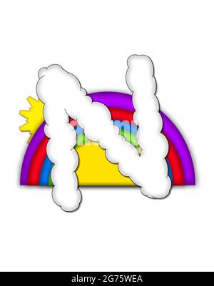 The letter N, in the alphaet set Rainbow, is shaped like a fluffy cloud.  Colorful rainbow backs letter with yellow sun peaping from behind. Stock Photo