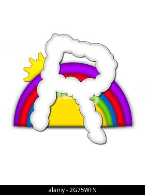 The letter R, in the alphaet set Rainbow, is shaped like a fluffy cloud.  Colorful rainbow backs letter with yellow sun peaping from behind. Stock Photo