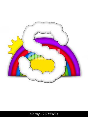 The letter S, in the alphaet set Rainbow, is shaped like a fluffy cloud.  Colorful rainbow backs letter with yellow sun peaping from behind. Stock Photo