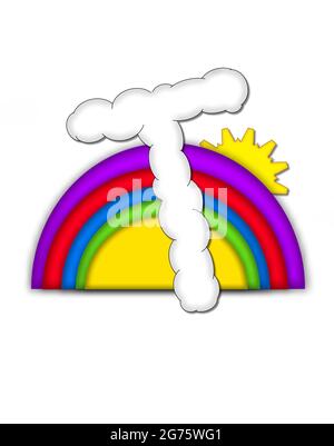 The letter T, in the alphaet set Rainbow, is shaped like a fluffy cloud.  Colorful rainbow backs letter with yellow sun peaping from behind. Stock Photo