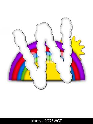 The letter W, in the alphaet set Rainbow, is shaped like a fluffy cloud.  Colorful rainbow backs letter with yellow sun peaping from behind. Stock Photo