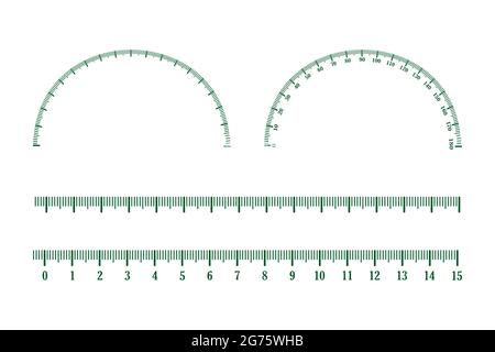 Set of measuring scale, markup for rulers isolated on white background. Inch green lines. Ruler icon symbol. Size indicator units. Vector illustration Stock Vector
