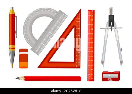 Set of ruler instruments and equipment isolated on white background. Engineer tools. Rulers, pencil sharpener, pen and compass. Back to school. Vector Stock Vector