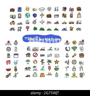 colorful travel vacation icon set  hand drawn with black lines illustration vector isolated on white background Stock Vector