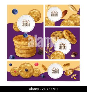 Realistic oat cookies set with banners of different size with editable text frames and biscuit images vector illustration Stock Vector