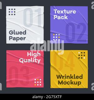 Badly glued wrinkled crumpled 4 colorful square paper sheets texture banners set black background realistic vector illustration Stock Vector