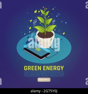 Green energy isometric composition with smartphone battery charging using plant leaves photosynthesis as power source vector illustration Stock Vector