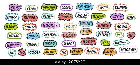 Set of cool and dynamic comic speech bubbles. Sound effects in pop art vector style Stock Vector
