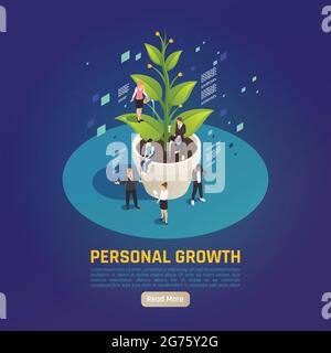Personal growth development plant metaphor circular isometric composition with people setting goals collaborating achieving results vector illustratio Stock Vector