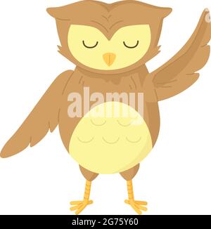 Cute brown owl raised the wing with closed eyes. Can be used as kids print. for nursery. Stock vector illustration isolated on white background in Stock Vector