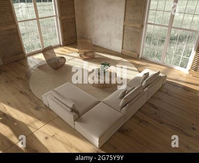 Scandinavian farmhouse style beige living room interior with natural wooden furniture. Top view. 3d render illustration. Stock Photo