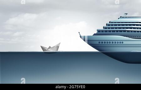 Cheap Cruise and budget vacation concept with paper boat compared to huge luxury liner Ship representing low price cruises or inexpensive vacations. Stock Photo