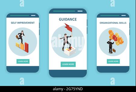 Set with three vertical banners with leadership concept isometric images human characters and learn more buttons vector illustration Stock Vector