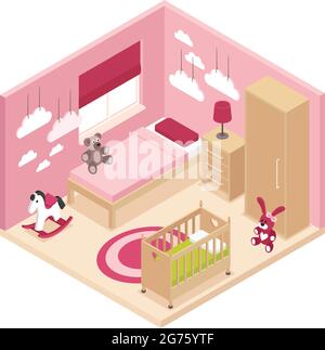 Cozy rose children room isometric interior with wardrobe bedside cabinet near bed baby cot and bunk bed vector illustration Stock Vector