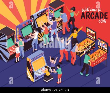 Welcome to arcade club colored background with parents and their children using game machines for playing isometric vector illustration Stock Vector