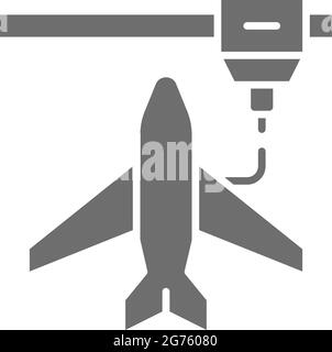 3d printing a toy airplane model, industrial printer grey icon. Stock Vector