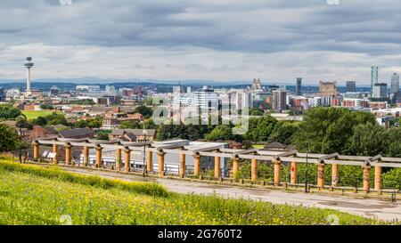 A multi image panorama of the world famous Liverpool skyline seen from Everton Park in Liverpool in July 2021. Stock Photo