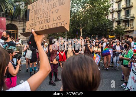 Barcelona, Catalonia, Spain. 9th July, 2021. Protester is seen speaking into microphone.Some 500 people demonstrate in Barcelona against LGTBIphobia and the death of Samuel Luiz, a 24-year-old homosexual young man murdered in a homophobic attack last week in the city of A CoruÃ±a, Spain. Credit: Thiago Prudencio/DAX/ZUMA Wire/Alamy Live News Stock Photo