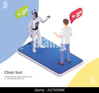 Customer service isometric concept chat bot headline and abstract situation with robot and human talk vector illustration Stock Vector