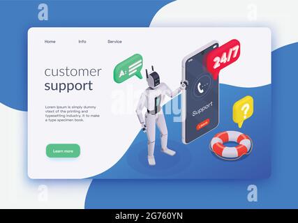 Customer service isometric landing page with customer support headline and green button learn more vector illustration Stock Vector