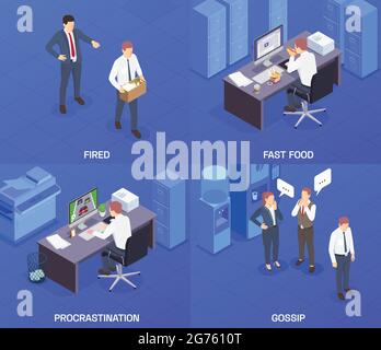 Four squares isometric problem situations at work icon set with fired fast food procrastination and gossip descriptions vector illustration Stock Vector