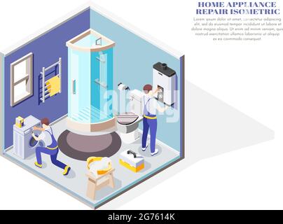 Handymen repairing electric home appliances in bathroom isometric composition 3d vector illustration Stock Vector