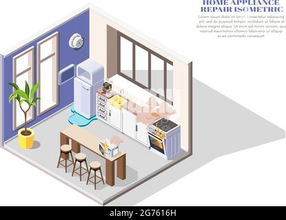 Broken home appliances isometric composition with leaking fridge burning oven and microwave in kitchen 3d vector illustration Stock Vector