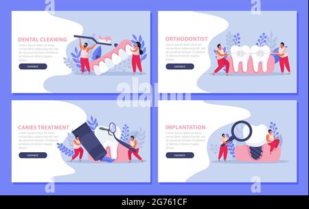 Dental health flat 4x1 set of horizontal banners with teeth images people text and clickable buttons vector illustration Stock Vector