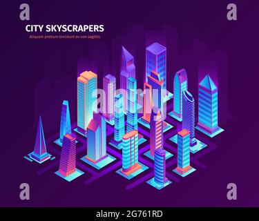 Isometric city skyscrapers composition with text and multiple buildings of different architecture design colored in neon vector illustration Stock Vector