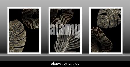 Luxury gold wallpaper. Set Black and golden background. Tropical leaves wall art design with shiny golden striped texture. Modern art mural wallpaper. Stock Vector