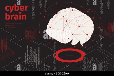 Cyber brain isometric background with image of human brain with network and shield lock security symbols vector illustration Stock Vector