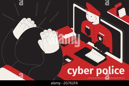 Cyber police isometric background composition with hacker workplace and policeman looking out of desktop computer screen vector illustration Stock Vector