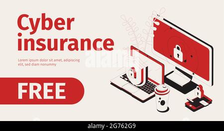 Cyber insurance horizontal banner with isometric images of protected computers locks workspace elements and editable text vector illustration Stock Vector