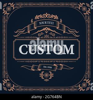 Retro vintage design label composition with editable text and decoration elements with ribbons and ornate frames vector illustration Stock Vector