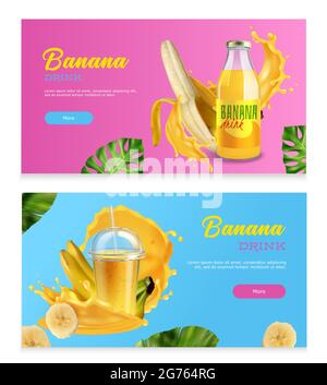 Banana drink horizontal banners with realistic fresh fruits splashes and juice in bottle isolated vector illustration Stock Vector