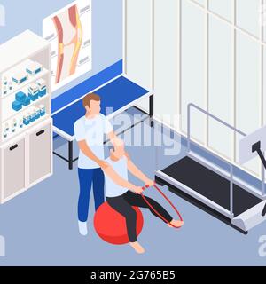 Rehabilitation clinic doctor office interior isometric composition with physiotherapist assisting stability ball balance stretch  exercises vector ill Stock Vector