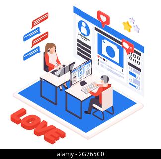Virtual relationship isometric composition with young couple dating online with laptop desktop love heart symbols vector illustration Stock Vector