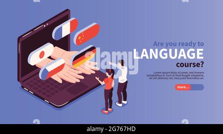 Online language courses website with french german japanese flags popping out laptop screen isometric banner vector illustration Stock Vector