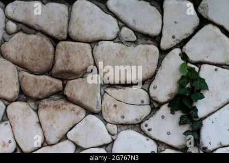 Wall cladding made using white, rounded white stones and grass. Wall cladding made using rounded stones. Stock Photo