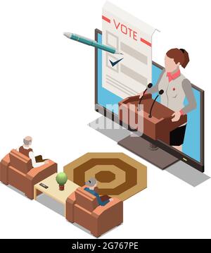 Online presentation remote work composition with politician at tribune on tv screen with watchers vector illustration Stock Vector