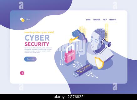 Isometric cybersecurity concept banner for website with network pictogram icons clickable links and read more button vector illustration Stock Vector